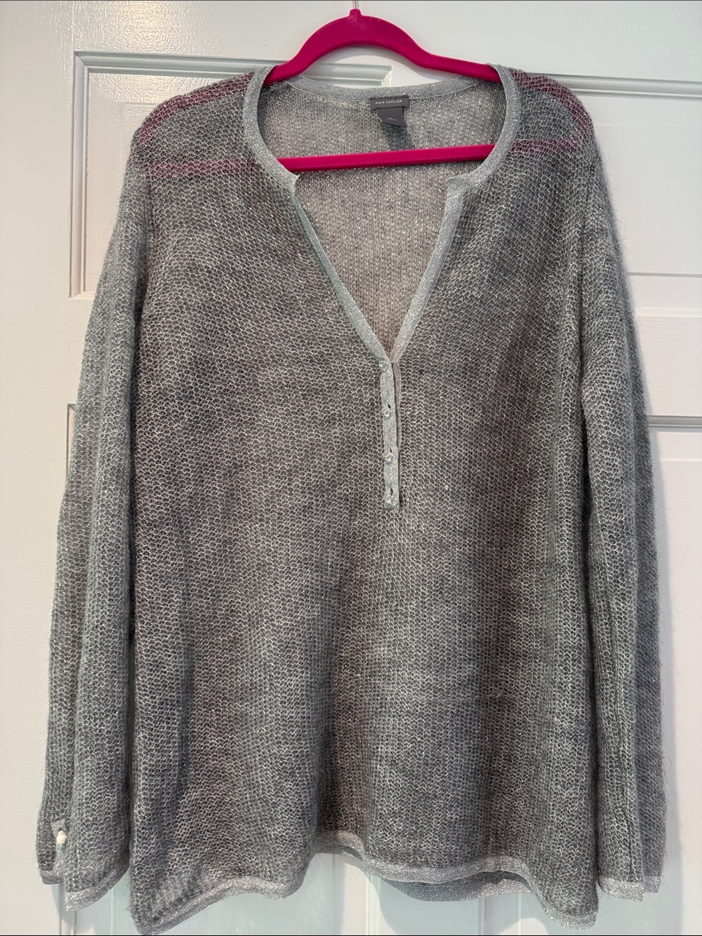 Ann Taylor Gray metallic V-Neck Lightweight Button Sweater